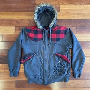 Vintage Element Buffalo Plaid Flannel Faux Fur Hooded Zip-up Sweatshirt/Overcoat